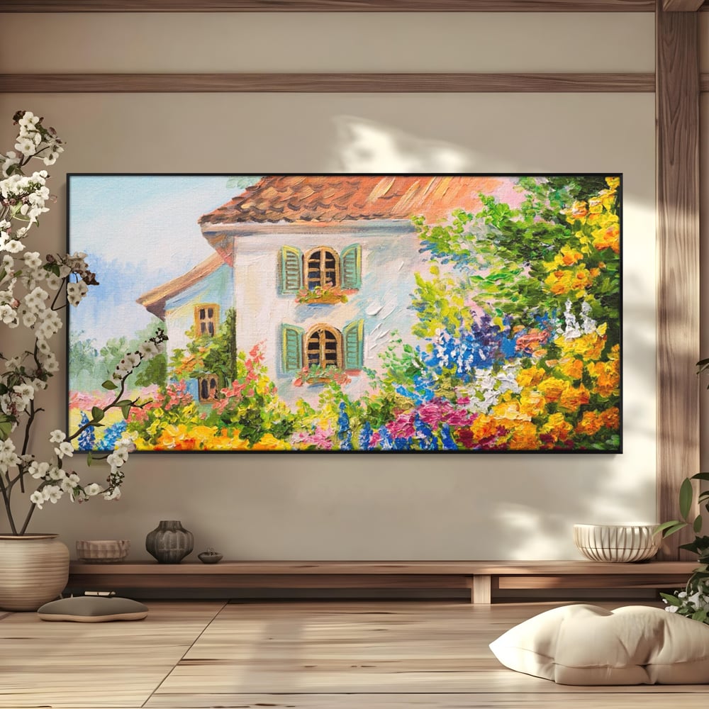 Tablou canvas cu pictura cu casa alba si flori, in rama de aluminiu negru